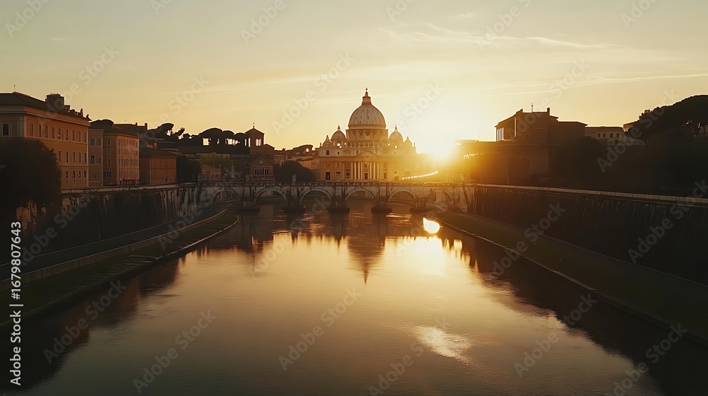 Fototapeta premium Vatican City riverside featuring basilica and ancient Roman skyline image