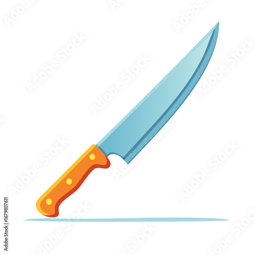 Cartoon kitchen knife for food preparation with orange handle and blade