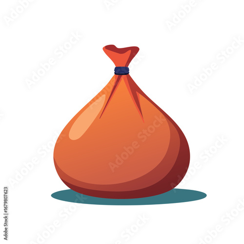 A Bag of Goods Ready for Transport The orange bag is cinched with a blue tie ready to be delivered.