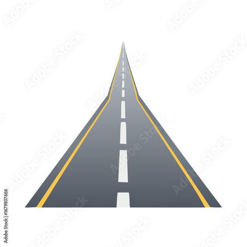 Straight empty asphalt road with line markings stretching into the distance towards a vanishing point