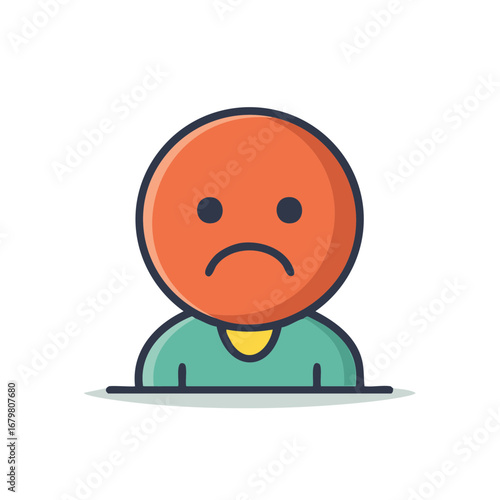 Flat illustration of a sad face with orange head and green shirt