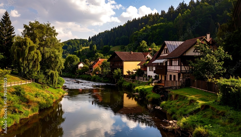 Fototapeta premium Picturesque river flowing through a village nestled in a lush valley under a partly cloudy sky