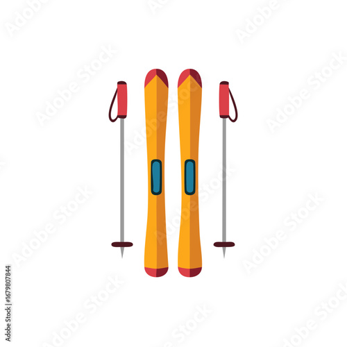 Pair of skis and ski poles standing vertically for downhill winter sport adventure, isolated