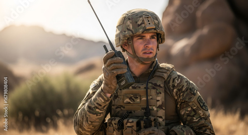 Male soldier holding a radio in communication. Military man in camouflage uniform outdoor looking focused. Army and wartime concept.