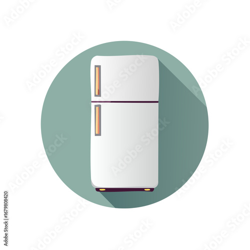 An isolated cartoon refrigerator with round shadow on green background for cooling drinks and food at home
