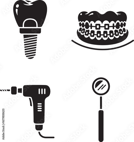 Comprehensive dental care icons implant tooth braces drill mirror set for dentistry silhouette