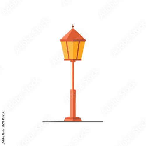 Illustrated vintage street lamp with a geometrical orange and yellow design isolated on white