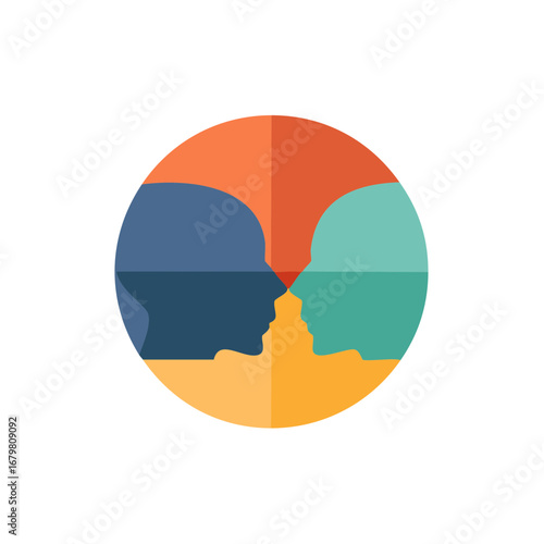 Two Silhouette Heads Facing Each Other in a Colorful Circle Divided into Four Sections
