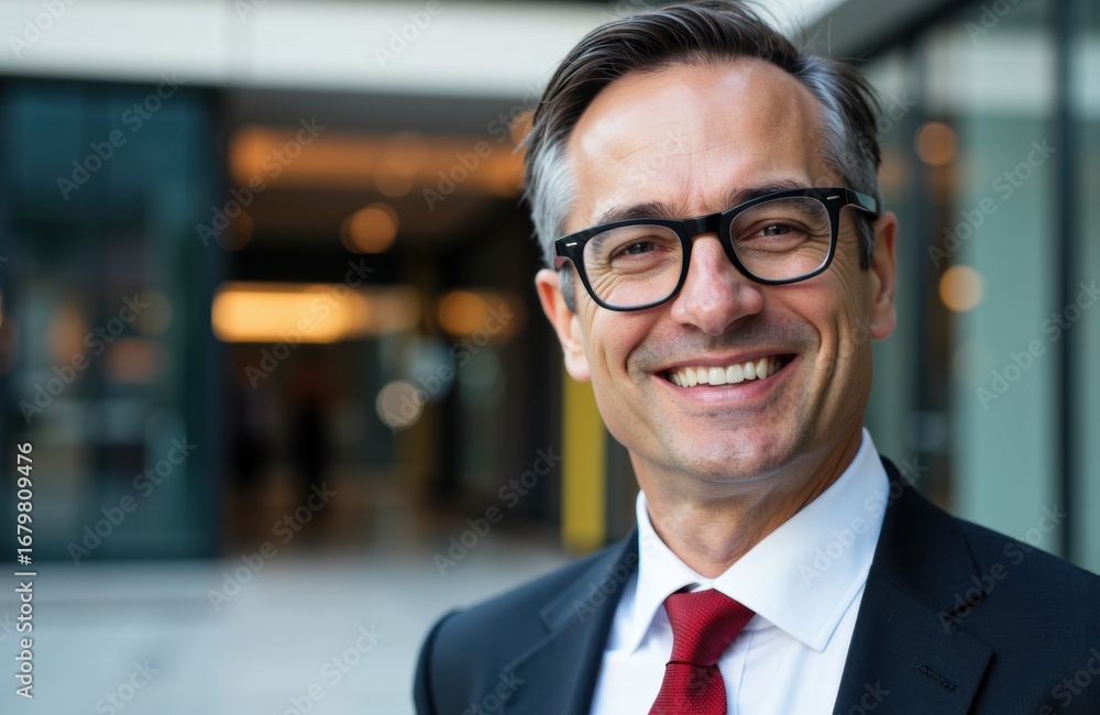 Obraz premium Confident businessman smiling outdoors in formal attire with a modern office building background