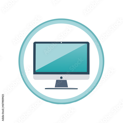 Computer Monitor Inside Blue Circle Frame Flat Vector Design Element Graphic