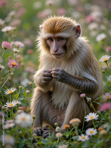 Barbary macaque monkeys delousing itself between flowers and grass