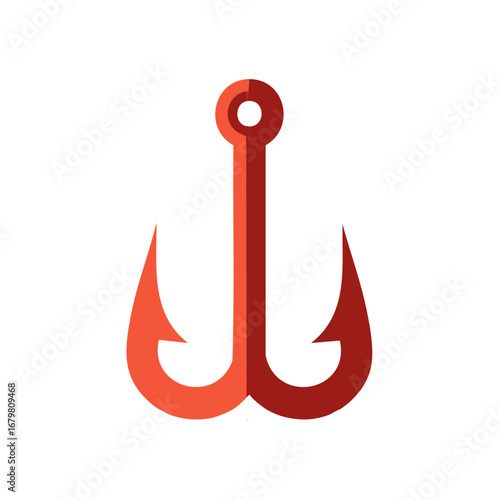 Red double fishing hook illustration a simple modern icon representing angling sport and success