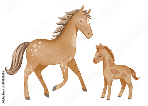 Horse with foal illustrated in soft watercolor style, gentle and tender composition. Perfect for children’s books, nursery decor, prints, and educational projects.