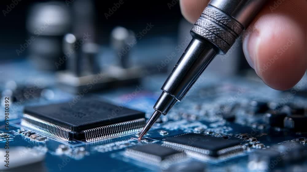 Medium shot emphasizing an oscilloscope probe tip touching hardware ...