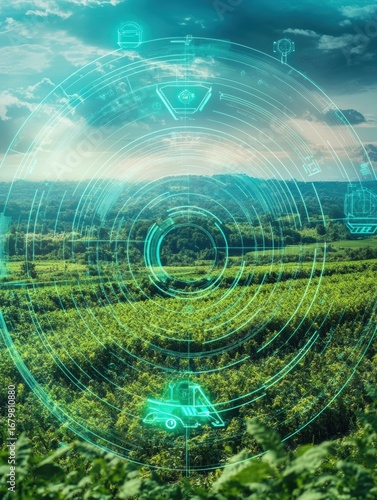 Modern technology overlays digital components on a lush vineyard landscape showcasing agricultural innovation in sustainable farming practices and crop management