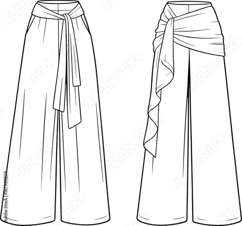 Wide-leg pants technical sketch, fashion CAD drawing, flat vector illustration, draped waist design, belt detail, garment construction, stylish silhouette