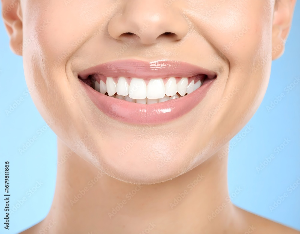 Obraz premium smiling woman with white teeth and a toothbrush in her mouth