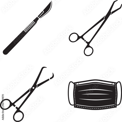 Set of surgical instruments and medical mask icons featuring scalpel forceps and tweezers for healthcare applications silhouette