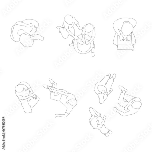Set of 8 people line art - sitting, working, kids, playing, and daily activities.Perfect topview for architectural plans, design projects and creative illustration.