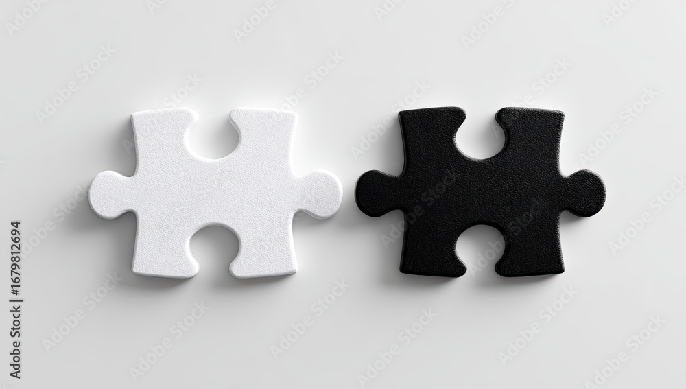 Fototapeta premium Two puzzle pieces, one white, one black, positioned side-by-side on a white surface