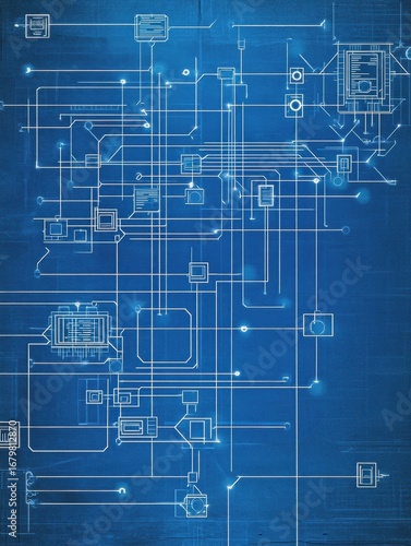 Complex blue circuit board design featuring intricate lines and components illustrating advanced technology and electronic connections