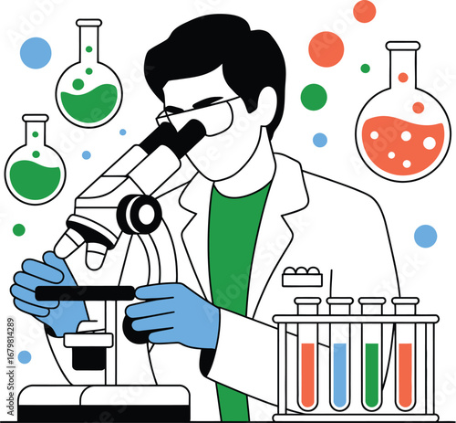 A female scientist in a laboratory analyzing a liquid chemical in a glass test tube for a scientific experiment