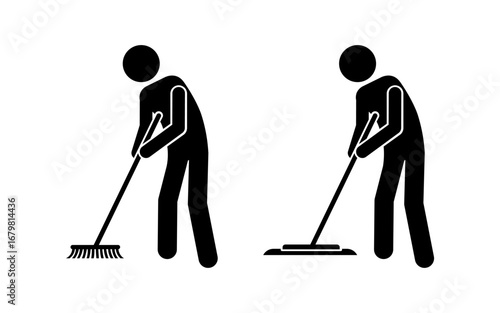 Minimalist stickman cleaning icons. Silhouette vector illustrations of workers sweeping with a broom and mopping the floor. Perfect for housekeeping, janitorial, sanitation, and cleaning service conce