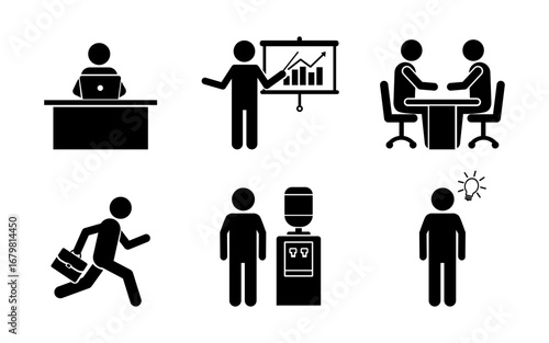Minimalist office stickman icon set. Silhouette vector illustrations showing business activities like working on laptop, giving presentations, meetings, rushing to work, coffee breaks, and brainstormi