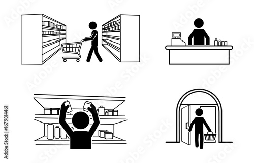 Minimalist stickman supermarket shopping icon set. Silhouette vector illustrations of grocery activities such as pushing cart, cashier payment, product selection, and entering store with shopping bask