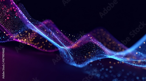 Abstract digital artwork with dynamic waves of glowing dots forming a mesh pattern in blue, purple,