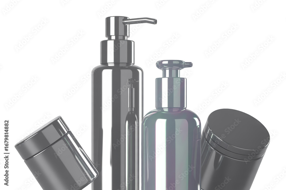 Obraz premium Sleek, modern cosmetic bottles arranged for a clean, professional aesthetic isolated on transparent background.