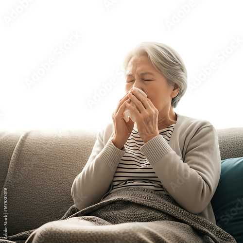 Elderly woman coughing or sneezing into tissue on sofa health and allergy symptoms transparent background