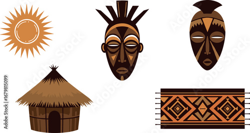 African cultural elements: masks, hut, sun, and textile pattern on transparent background