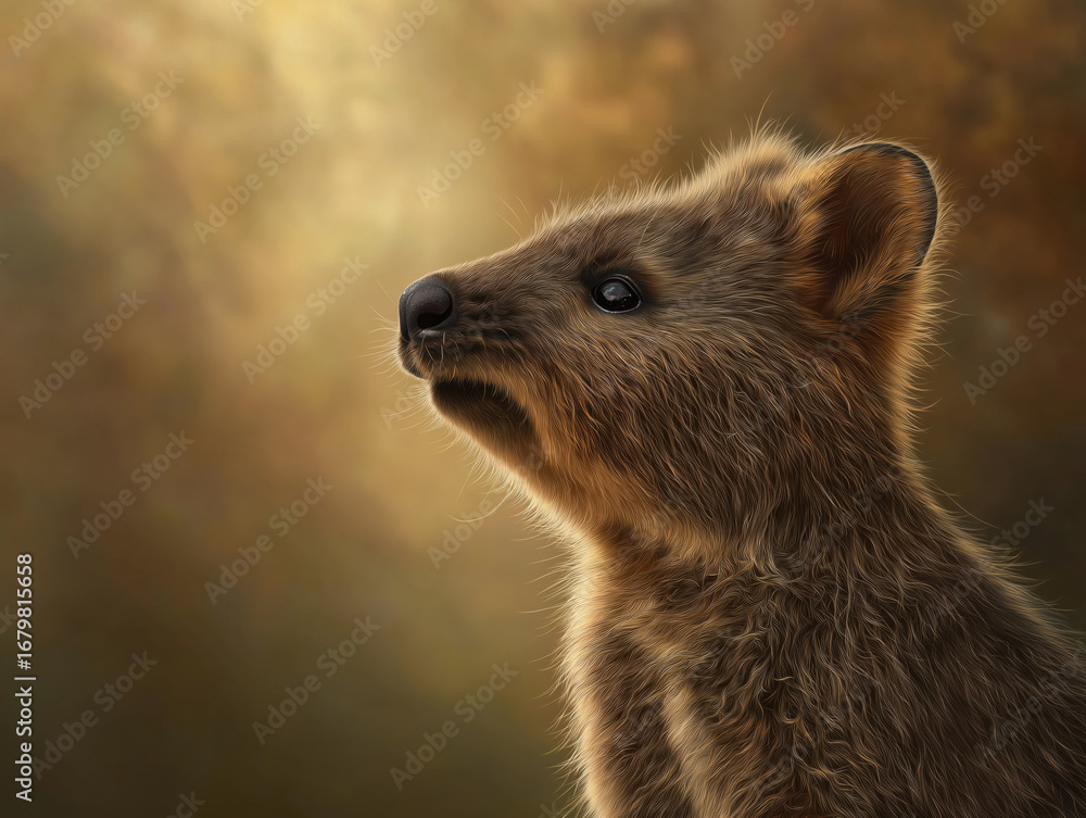 Fototapeta premium Quokka with soft fur and bright eyes gazes thoughtfully against a blurred golden background, showcasing its adorable features and natural habitat in a serene moment