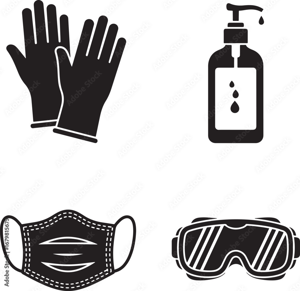 Fototapeta premium Essential personal protective equipment icons for health and safety including gloves mask sanitizer and goggles silhouette