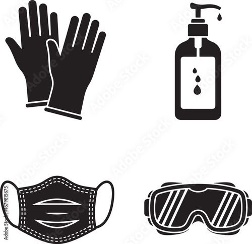 Essential personal protective equipment icons for health and safety including gloves mask sanitizer and goggles silhouette