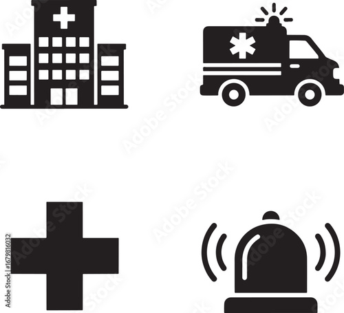 Four essential medical service icons hospital ambulance plus sign and alert bell for healthcare concepts silhouette