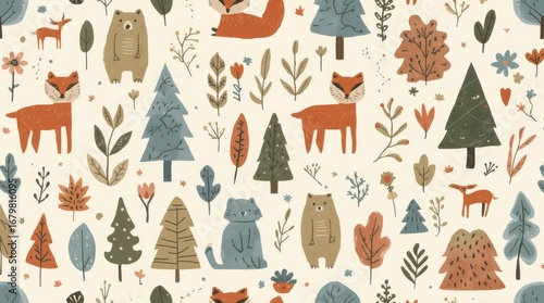 Scandinavian Folk Art. seamless pattern in a Scandinavian folk art style, featuring stylized animals bears, foxes, deer, trees, and flowers. The color palette is muted and earthy 