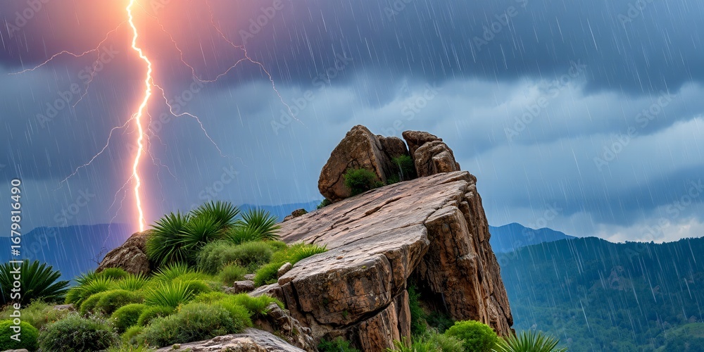 Fototapeta premium Jagged rocky peak with heavy rainfall and bright lightning strike illuminating the stormy sky