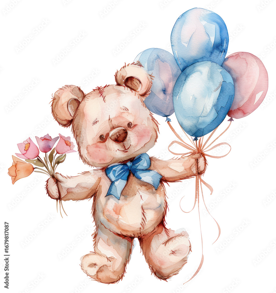 Fototapeta premium Pink teddy bear illustrated balloon drawing.
