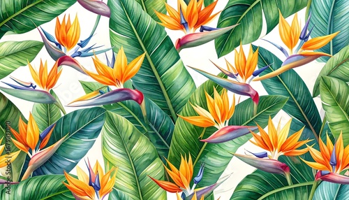 Wallpaper Mural Tropical floral pattern of vibrant birds of paradise flowers and lush leaves on a white background Torontodigital.ca