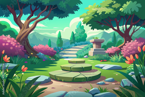In the heart of a peaceful garden, stone platforms are nestled among the greenery. A gentle breeze blows through the branches and the fragrance of flowers fills the air. Sitting on these platforms is 