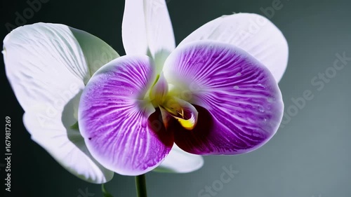 A beautiful orchid flower with vibrant purple and white petals slowly comes into focus. Its intricate details and delicate colors are highlighted in this close-up shot.
