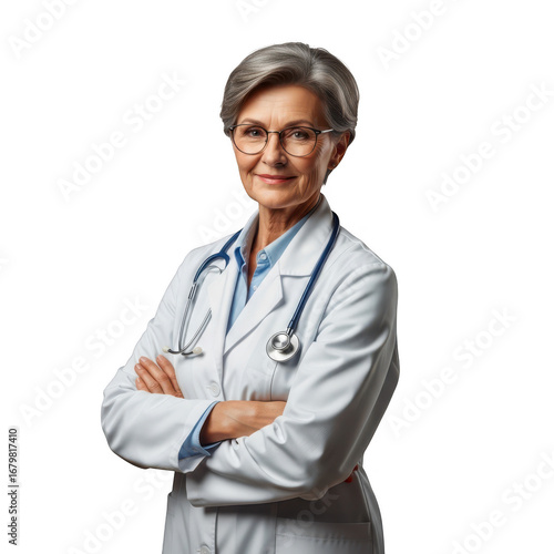 Mature female doctor with stethoscope isolated on transparent background