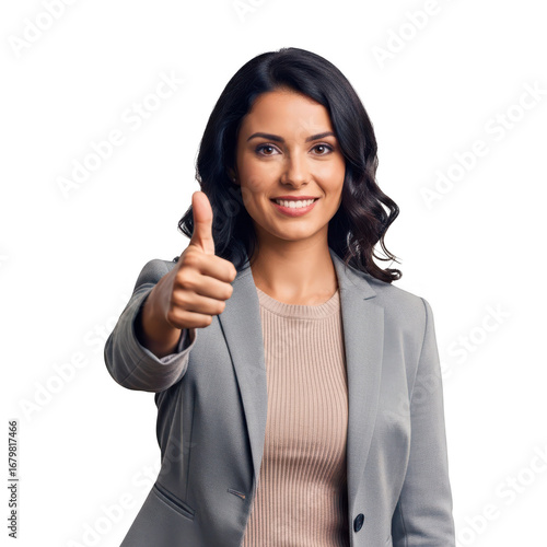 A smiling woman is giving a thumbs up gesture of approval isolated on transparent background