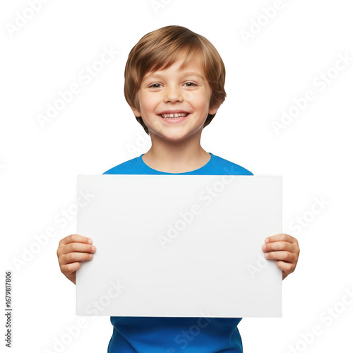 Smiling boy holding a blank paper sheet isolated on transparent background