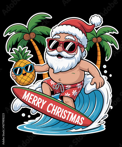 Santa Surfing Hawaiian Beach Christmas In July Tropical