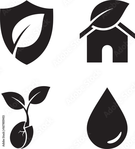 Four icons representing nature protection home sustainability and water droplet icons for environmental concepts silhouette