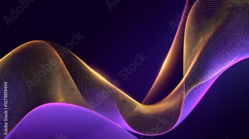 Abstract composition with dark purple background featuring flowing golden yellow and rich violet intertwined ribbons,