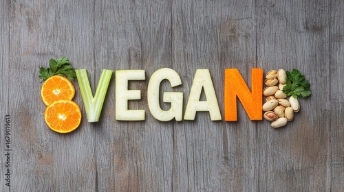 A colorful arrangement of fresh fruits and vegetables spells out "VEGAN" on a textured wooden surface.